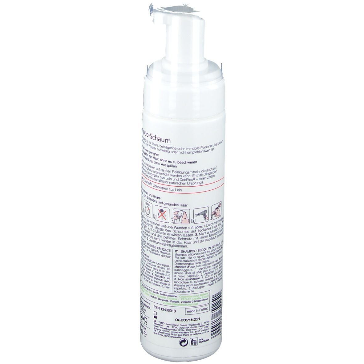 Weiße Flasche mit Pumpverschluss. Rückseite mit Text und Piktogrammen. Enthält Informationen zum Produkt und Inhaltsstoffen.