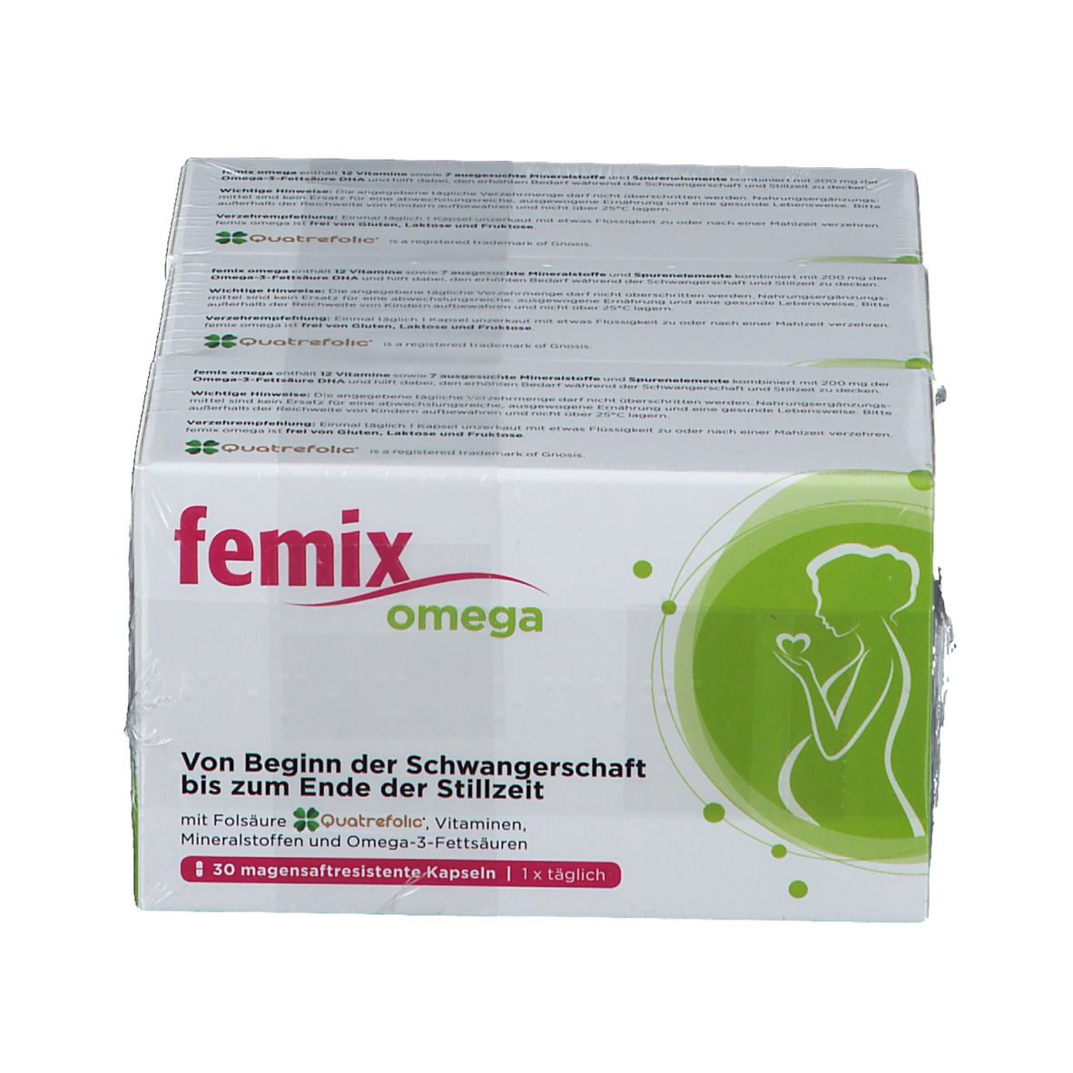 FEMIX omega Packung. Aufdruck: Schwangerschaft, Vitamine, Mineralstoffe, Omega-3-Fettsäuren. 30 magensaftresistente Kapseln.