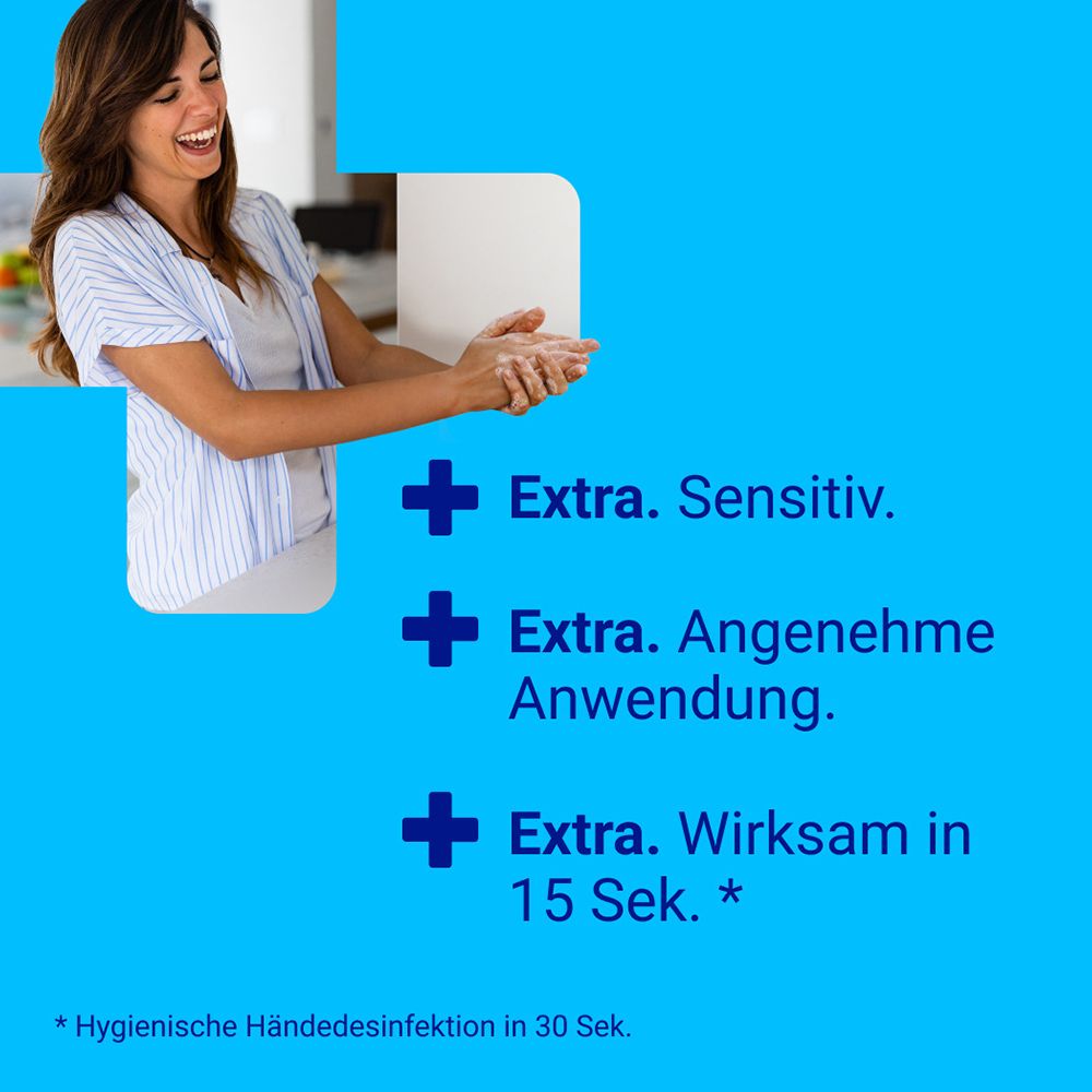 Sterillium foam extra care, der erste pflegende Desinfektionsschaum, der die Hände schon während der Desinfektion pflegt