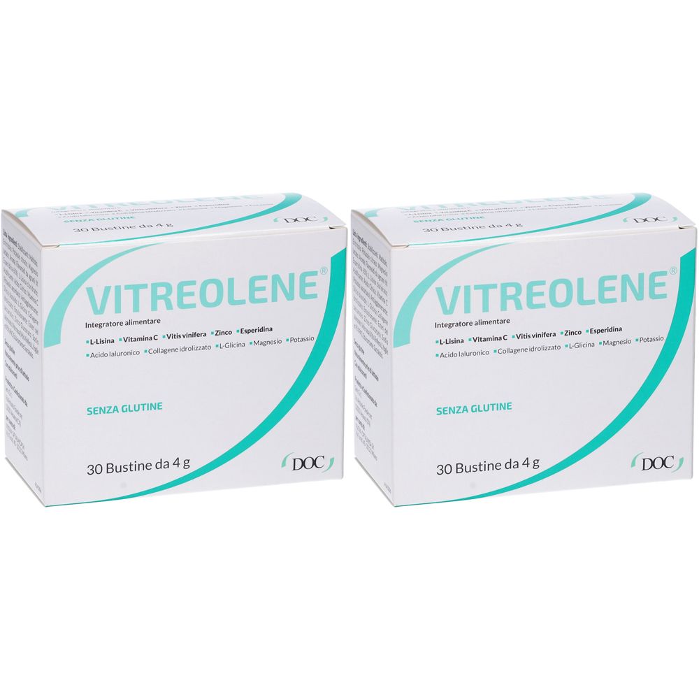 Due scatole bianche VITREOLENE. Scritta: Integratore alimentare. Ingredienti e logo visibili.