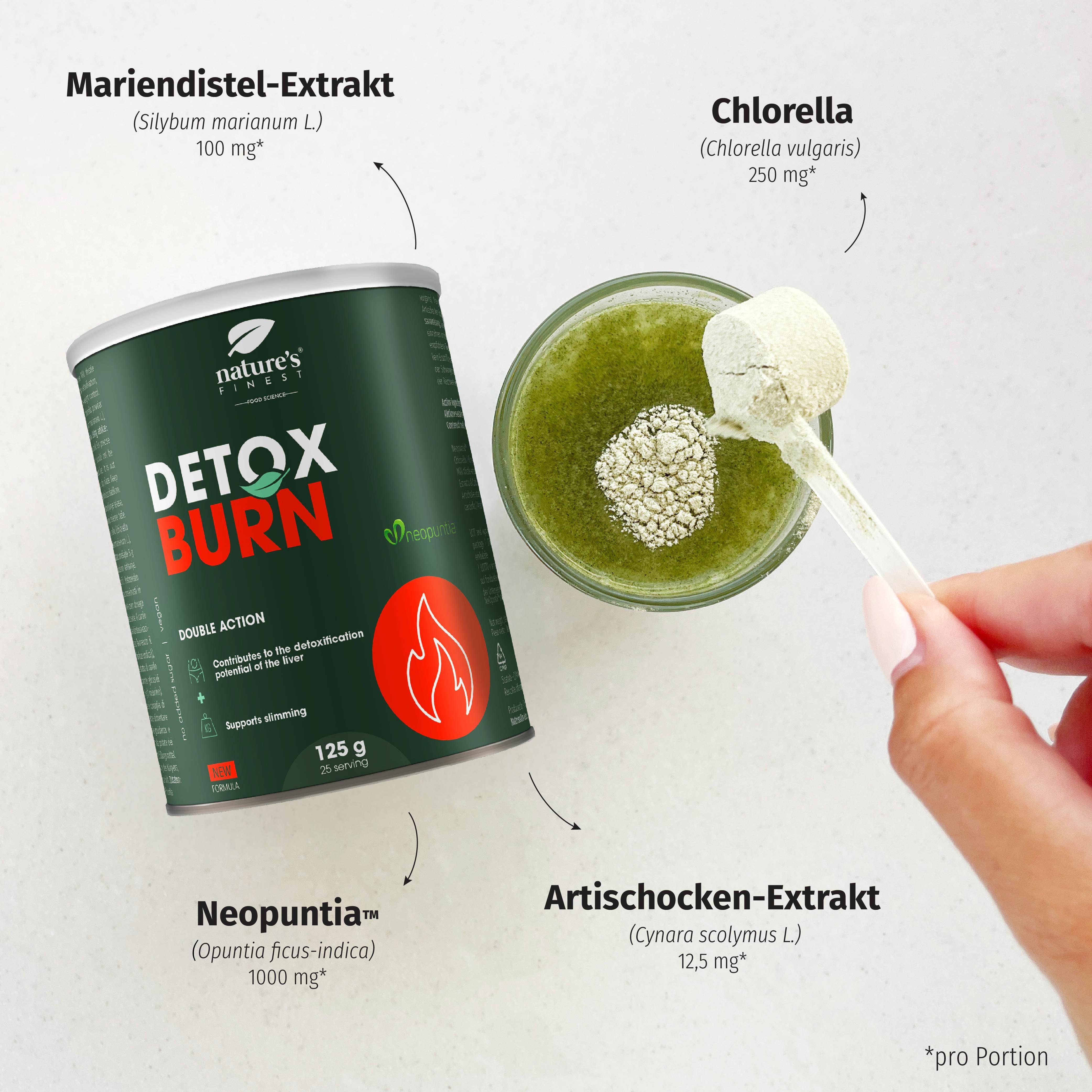 Dose mit "Detox Burn" und "Nature's Finest". Neben einer Schüssel mit grünem Getränk und einem Löffel mit Pulver. Zutaten-Informationen.